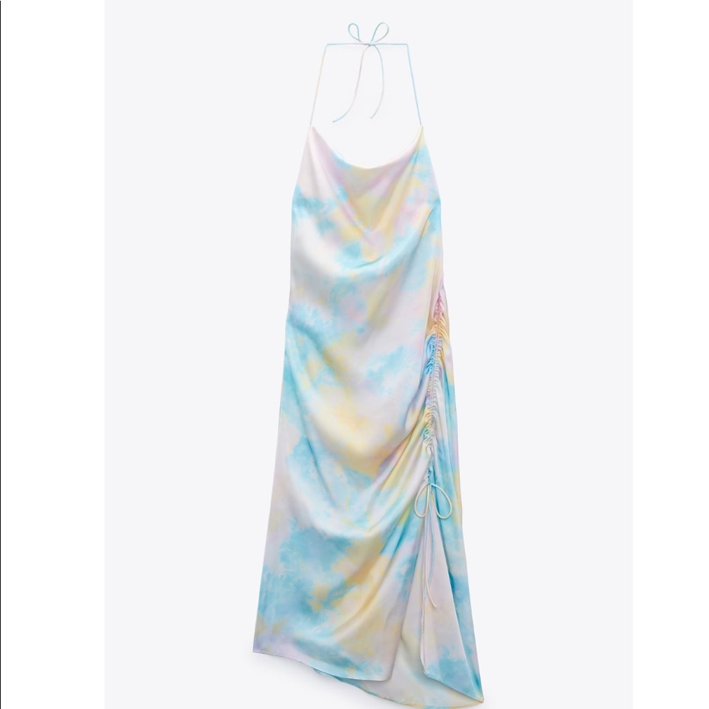 Zara Tie Dye Satin Slip Halter Scrunched Dress